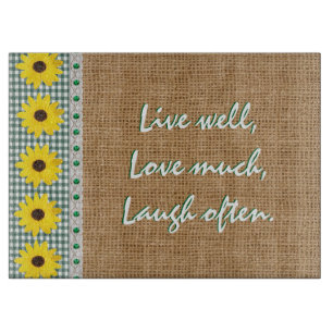 Live well cutting board gingham and burlap