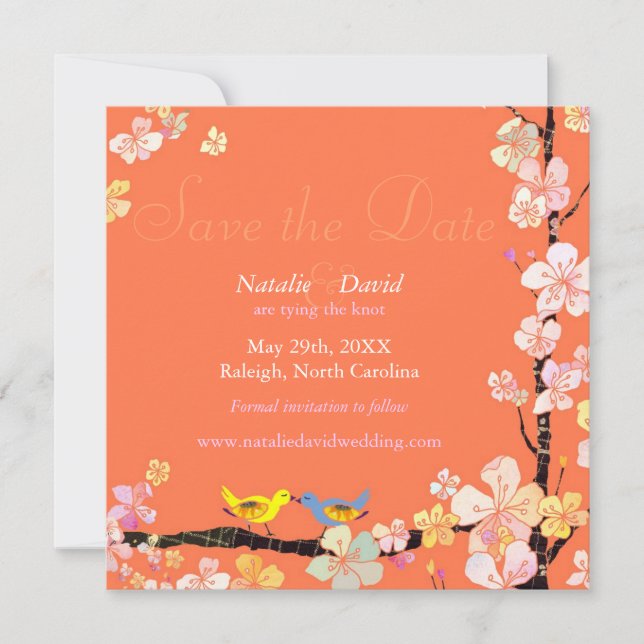 Lively Bird Theme Orange Wedding Save the Date (Front)