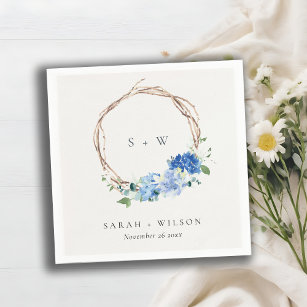 Lively Blue Floral Wooden Wreath Wedding Monogram Napkin