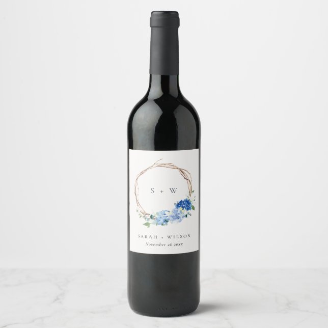 Lively Blue Floral Wooden Wreath Wedding Monogram Wine Label (Front)
