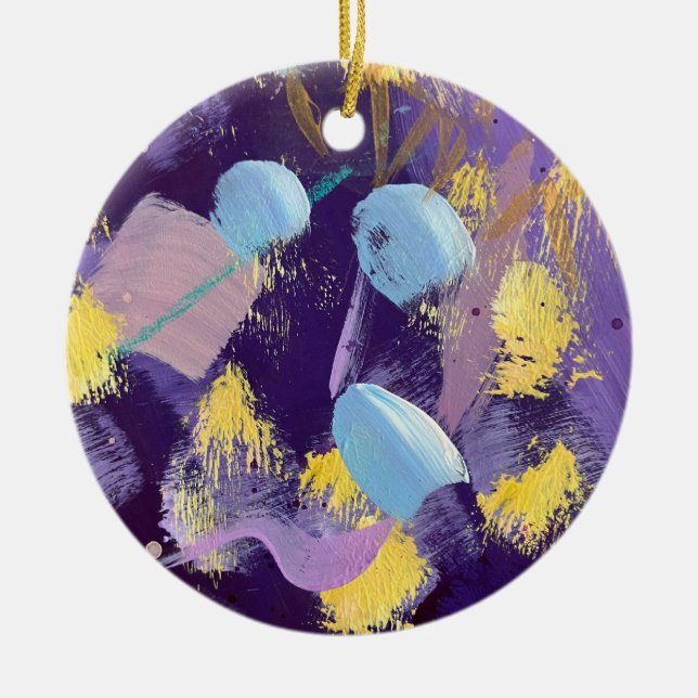Lively blue, purple, and yellow abstract art ceramic ornament (Front)