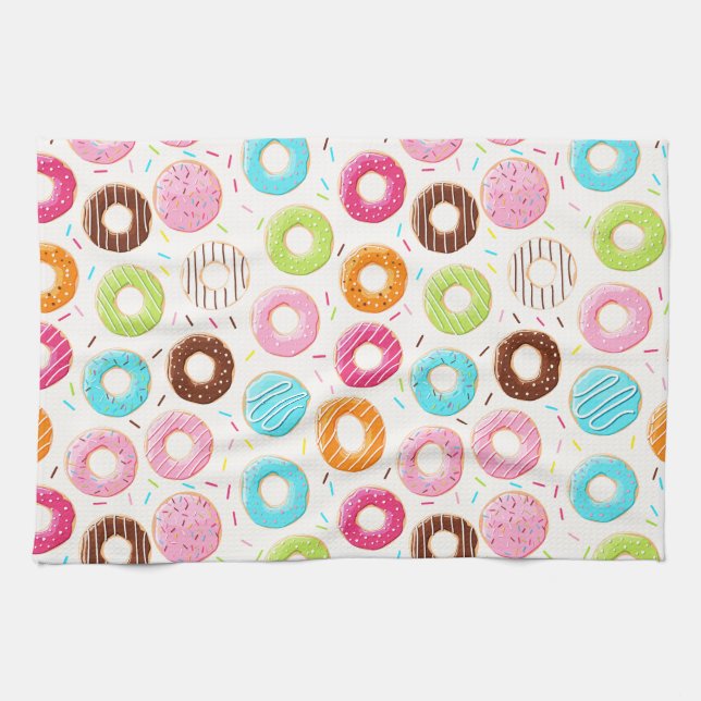 Lively colourful doughnuts sprinkles toppings kitchen towel (Horizontal)