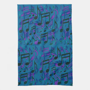 Lively Dancing Music Notes Blue Green Upbeat Kitchen Towel