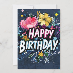 Lively Floral Graffiti on Dark Blue Birthday Invitation