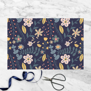 Lively Folk Art Flowers and Leaves on Navy Blue  Tissue Paper