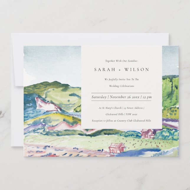 Lively Mountain Scape Blush Green Wedding Invite (Front)