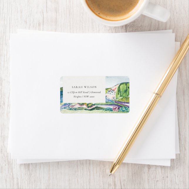Lively Mountain Scape Blush Watercolor Address Label (Insitu)