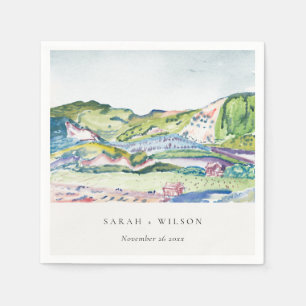 Lively Mountain Scape Blush Watercolor Wedding Napkin