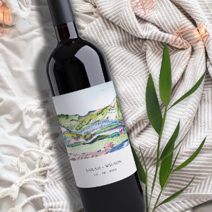 Lively Mountain Scape Blush Watercolor Wedding Wine Label