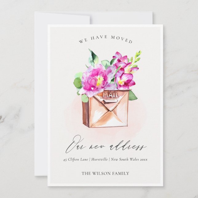 Lively Pink Floral Mailbox We have Moved Card (Front)