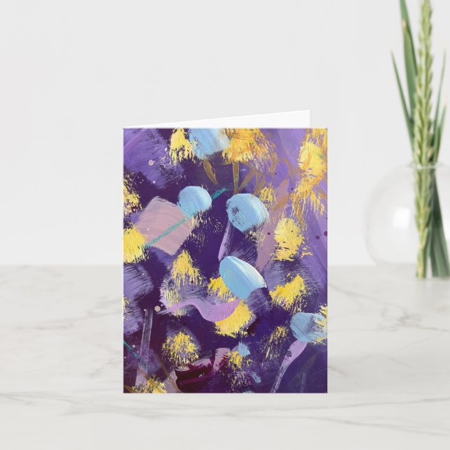 Lively purple, blue, and yellow abstract art note card (Front)