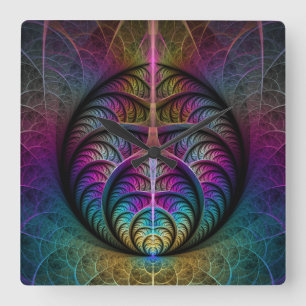 Lively Structures Colourful Abstract Fractal Art Square Wall Clock