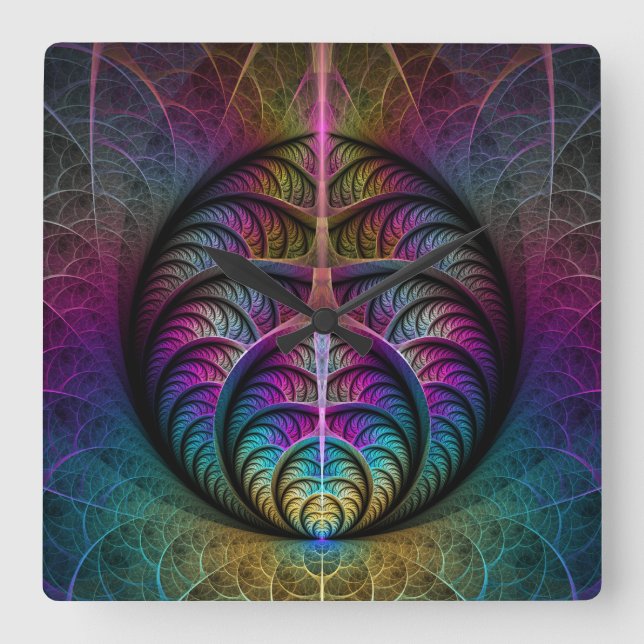 Lively Structures Colourful Abstract Fractal Art Square Wall Clock (Front)