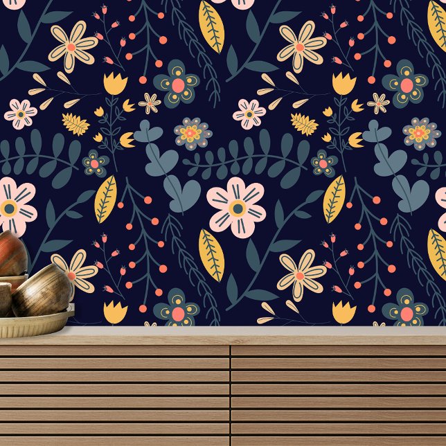Lively Whimsical Flowers and Leaves on Navy Blue Wallpaper (Creator Uploaded)
