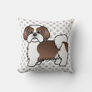 Liver And White Shih Tzu Cute Cartoon Dog & Paws Throw Pillow