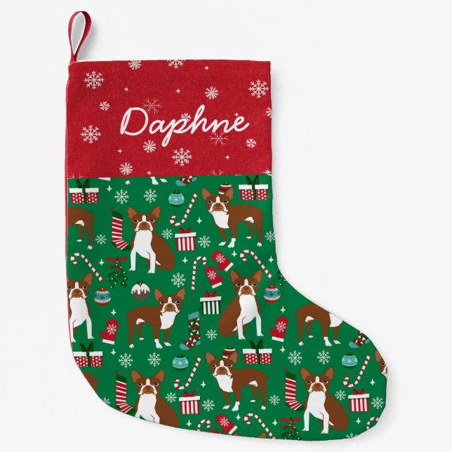 Liver Boston Terrier Custom dog name Small Christmas Stocking (Front)