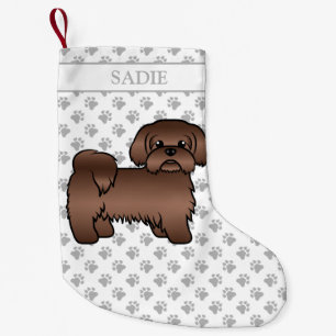 Liver Brown Shih Tzu Cute Cartoon Dog & Name Small Christmas Stocking