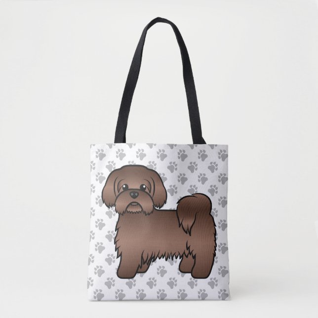 Liver Brown Shih Tzu Cute Cartoon Dog & Paws Tote Bag (Front)