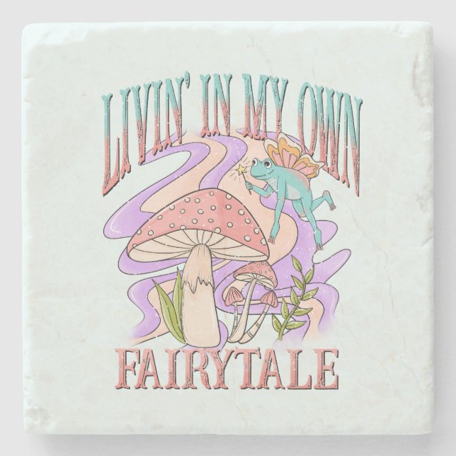 Livin’ In My Own Fairytale – Frog & Mushroom Stone Coaster (Front)