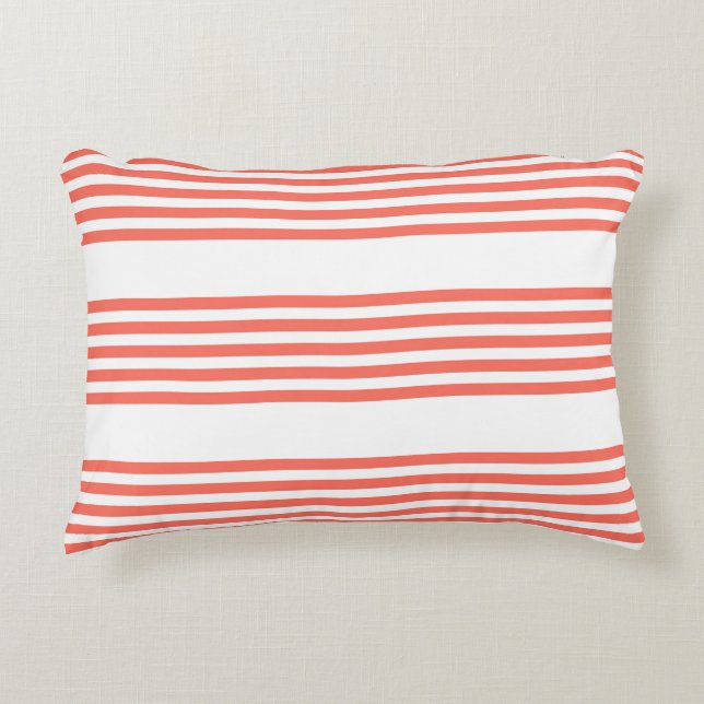 Living coral and white five stripes pattern accent pillow (Front)