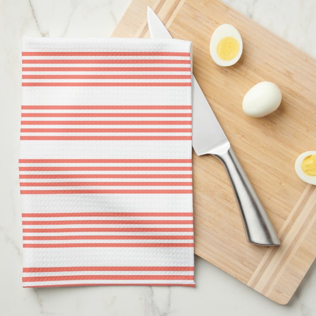 Living coral and white five stripes pattern kitchen towel (Quarter Fold)