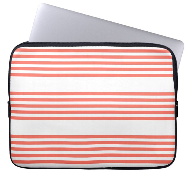 Living coral and white five stripes pattern laptop sleeve (Front)