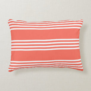 Living coral and white four stripes pattern accent pillow