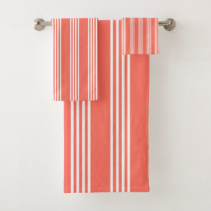 Living coral and white four stripes pattern bath towel set
