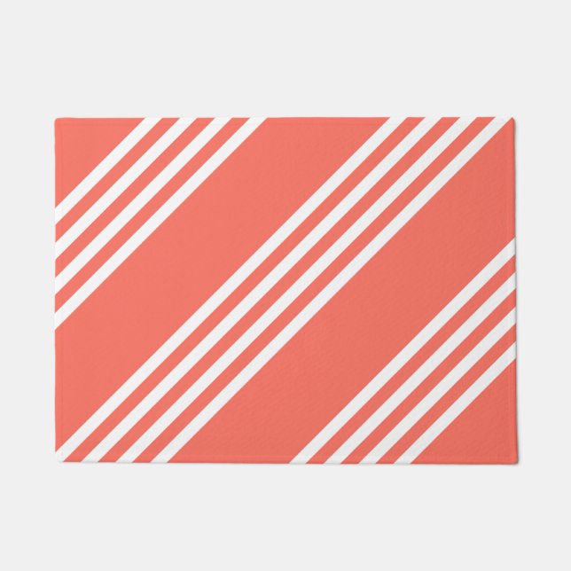 Living coral and white four stripes pattern doormat (Front)