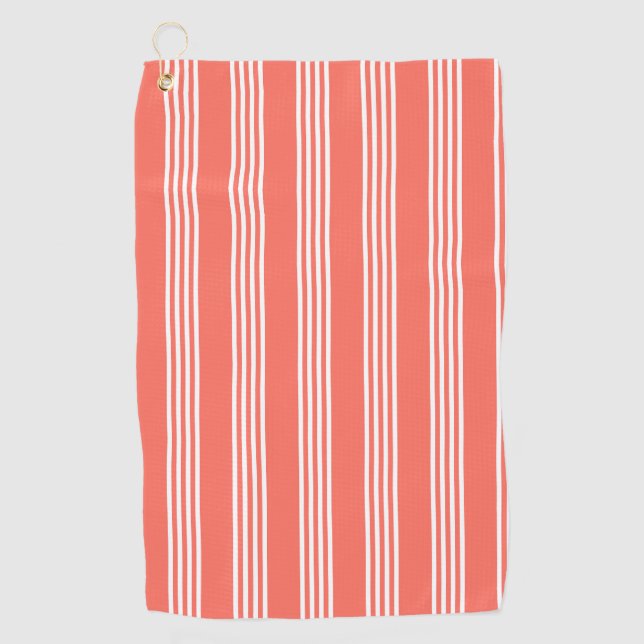 Living coral and white four stripes pattern golf towel (Front)