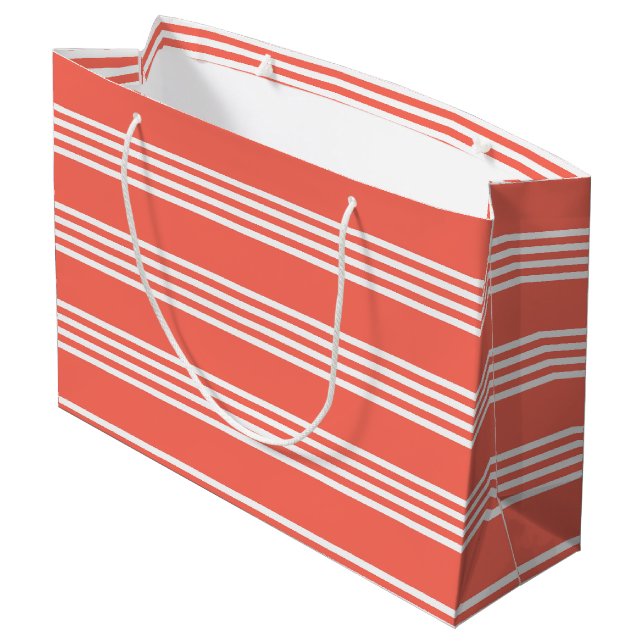Living coral and white four stripes pattern large gift bag (Back Angled)
