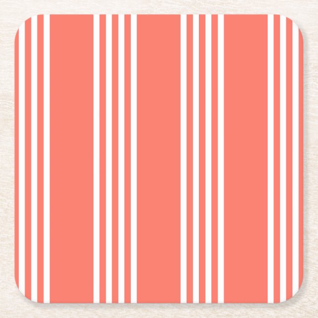 Living coral and white four stripes pattern square paper coaster (Front)
