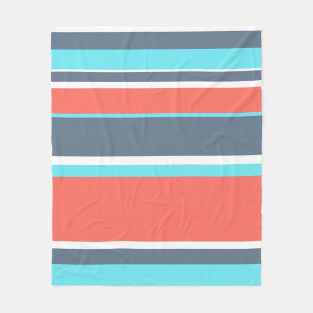 Living coral, blue and gray stripes fleece blanket (Front)