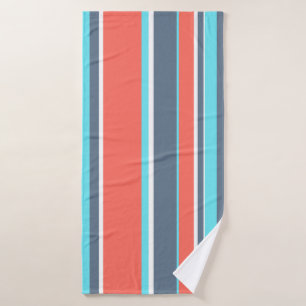 Living coral, blue and grey stripes bath towel