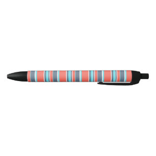 Living coral, blue and grey stripes black ink pen