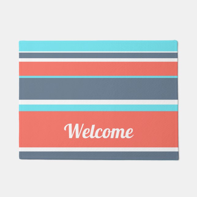 Living coral, blue and grey stripes doormat (Front)