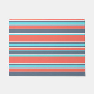 Living coral, blue and grey stripes doormat