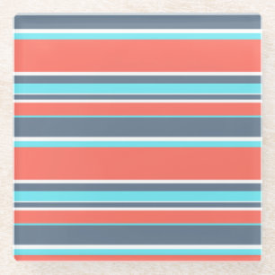 Living coral, blue and grey stripes glass coaster