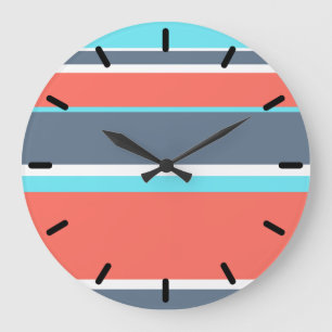 Living coral, blue and grey stripes large clock