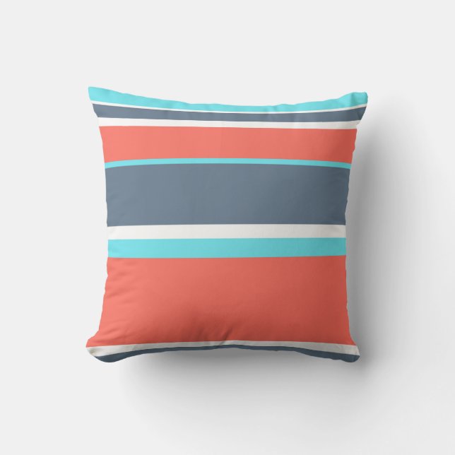 Living coral, blue and grey stripes throw pillow (Front)