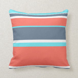 Living coral, blue and grey stripes throw pillow