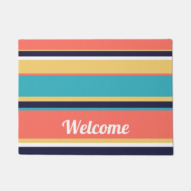 Living coral, blue and yellow stripes doormat (Front)