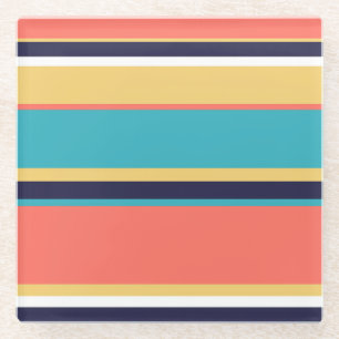 Living coral, blue and yellow stripes glass coaster