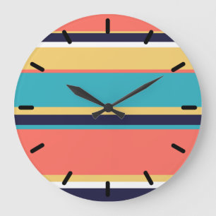 Living coral, blue and yellow stripes large clock