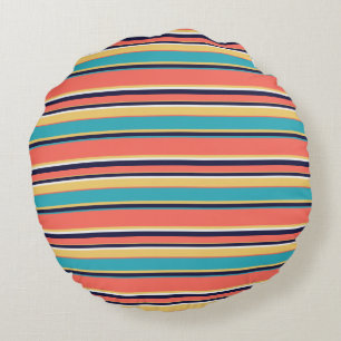 Living coral, blue and yellow stripes round pillow