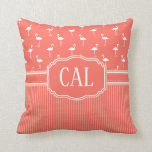Living Coral Colour Flamingo and Stripe Monogram Throw Pillow