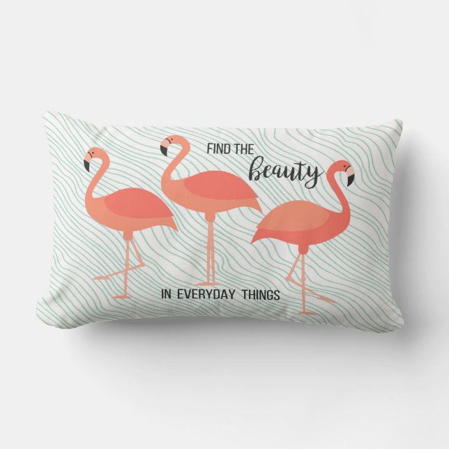 Living Coral Colour Flamingos on Ice Green Ripple Lumbar Pillow (Front)
