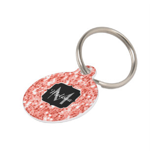 Living coral dark glitter sparkles Monogram Pet Tag