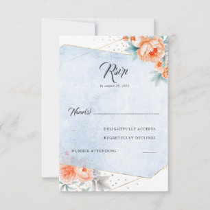 Living Coral Dusty Blue Floral Wedding RSVP Card