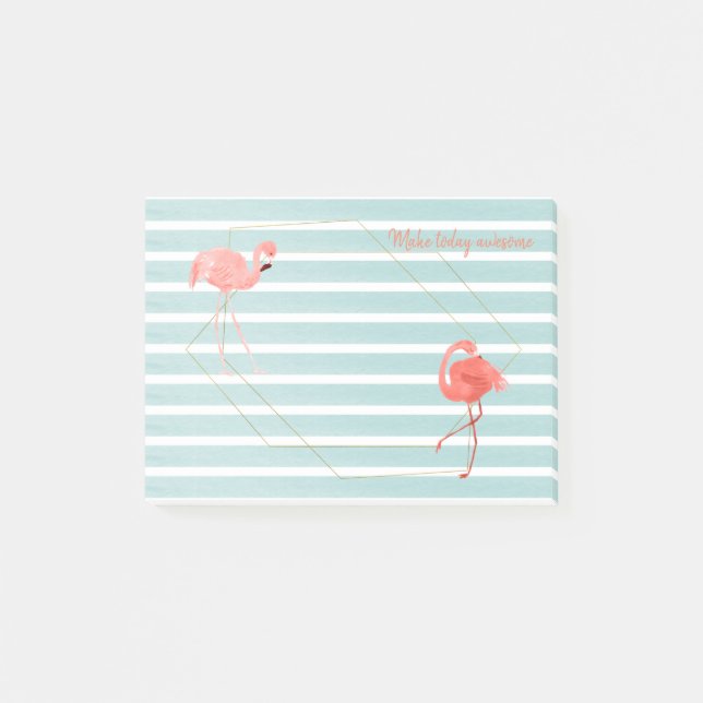 Living Coral Flamingo Blue Stripe Gold Geometric Post-it Notes (Front)
